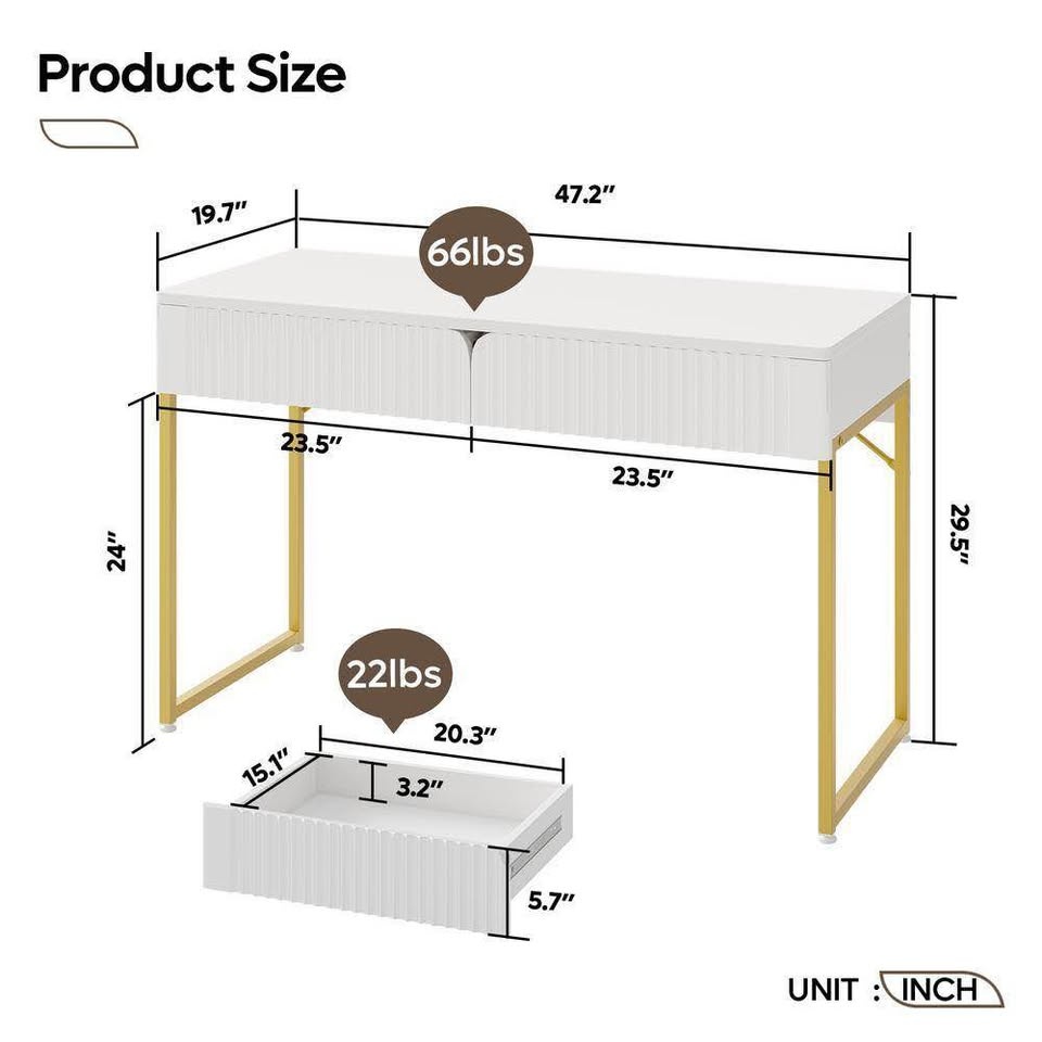 47 in. White & Gold Fluted Computer Desk - photo 5