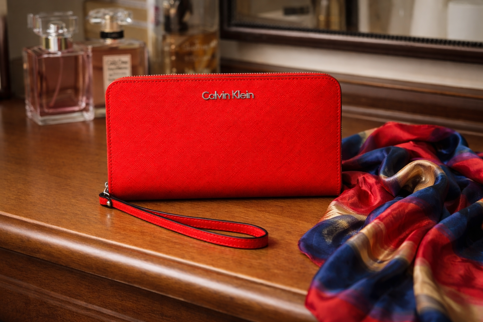 Calvin Klein Red Saffiano Leather Wristlet Wallet | New w/o Tags