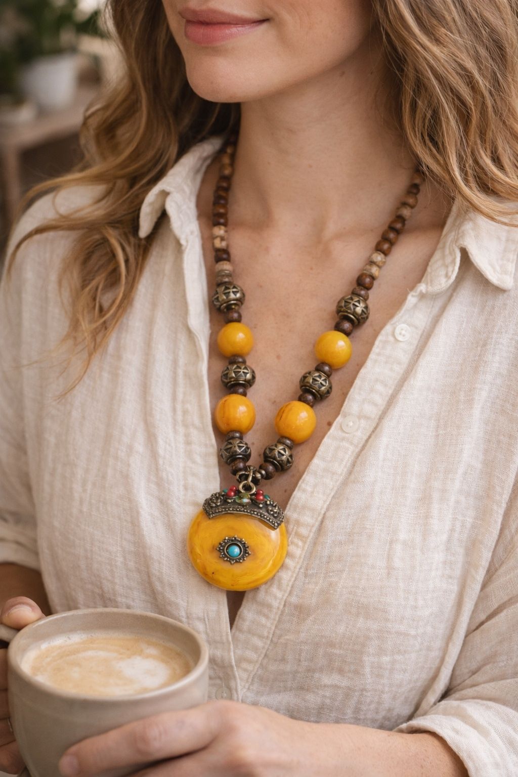 Vintage Boho Statement Necklace Faux Amber Pendant