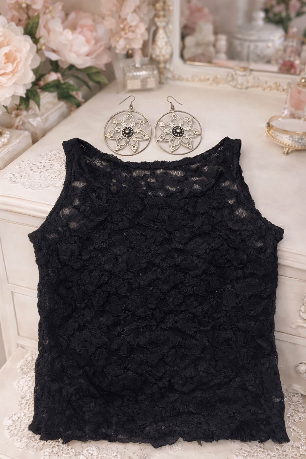 Ann Taylor Black Lace Top + Silver Floral Earrings | Chic Bundle