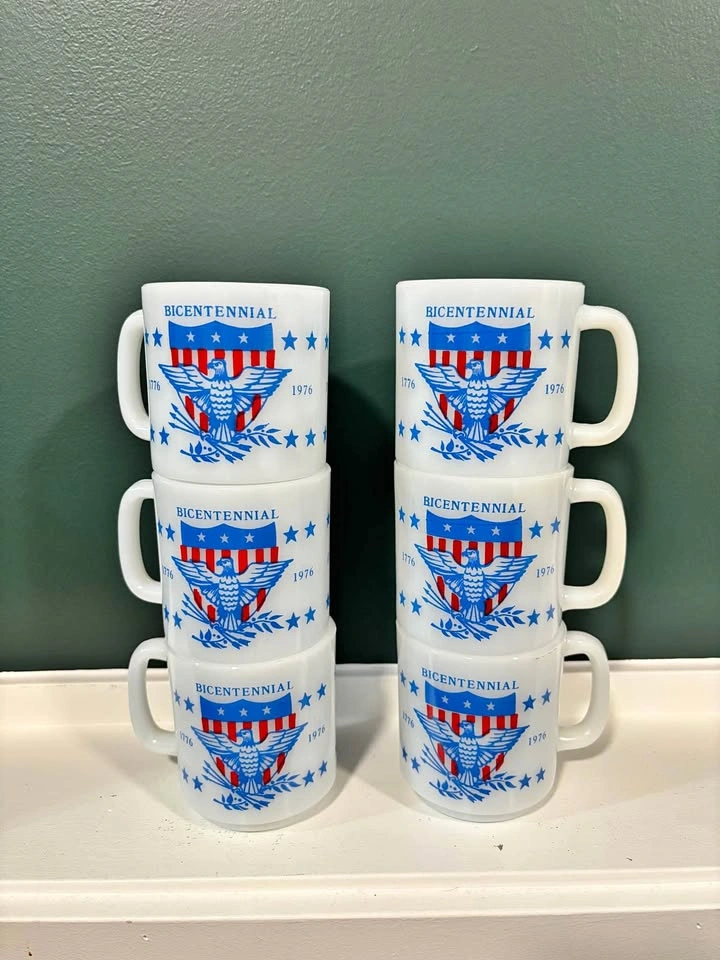 Vintage Glasbake Bicentennial Milk Glass Mugs - Set of 6