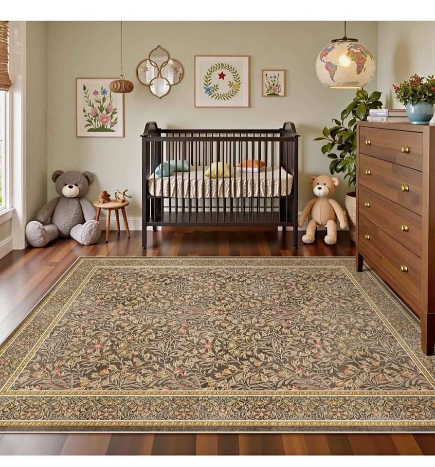Floral Washable 5x7 Rug - Gold Brown Boho Area Rug