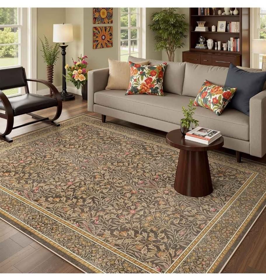 Floral Washable 5x7 Rug - Gold Brown Boho Area Rug - photo 3