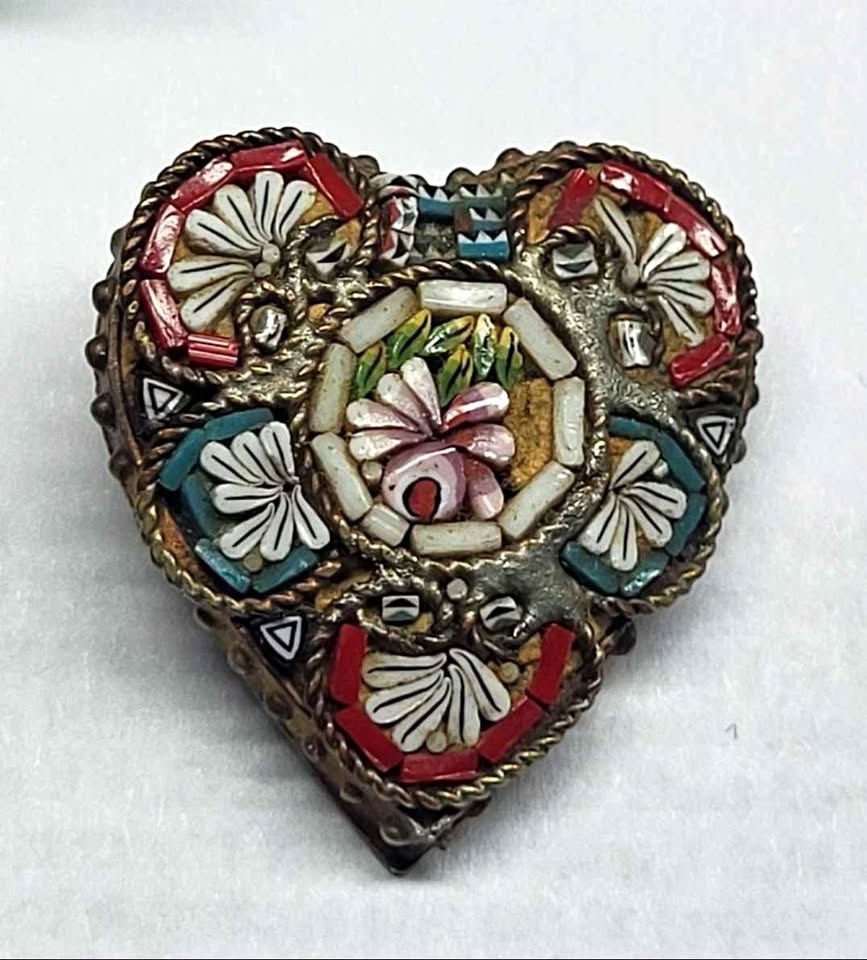 Vintage Millefiori Glass Heart Brooch Italian Micro Mosaic