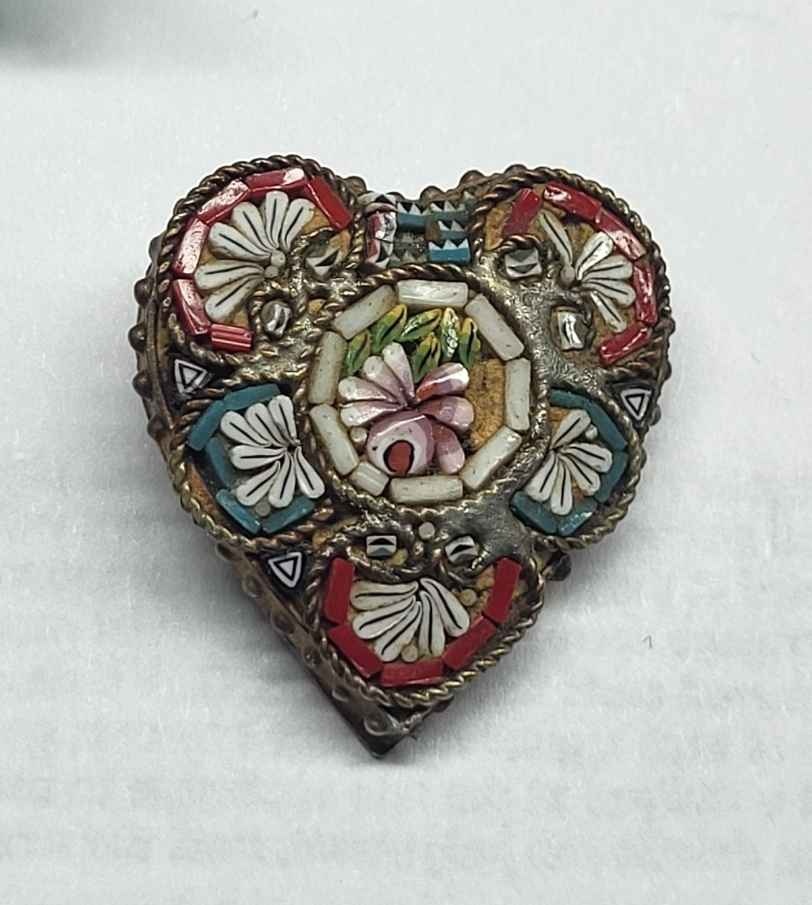 Vintage Millefiori Glass Heart Brooch Italian Micro Mosaic - photo 2