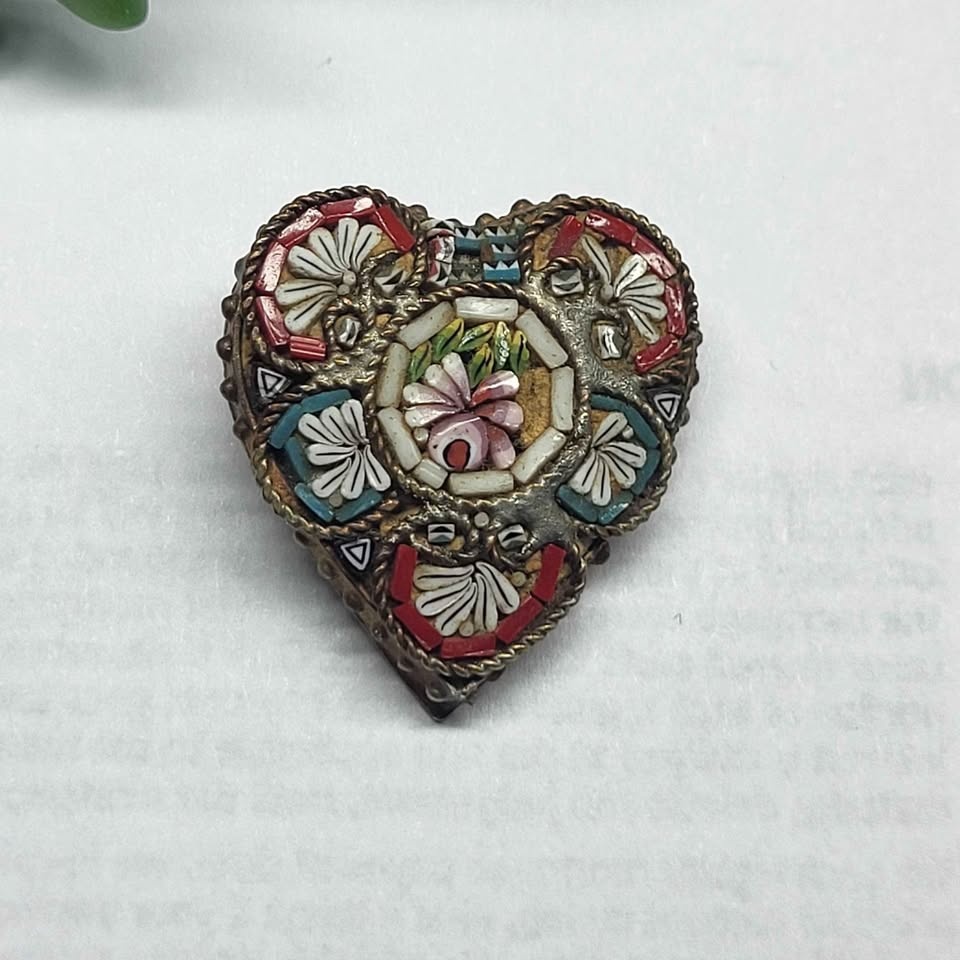 Vintage Millefiori Glass Heart Brooch Italian Micro Mosaic - photo 4