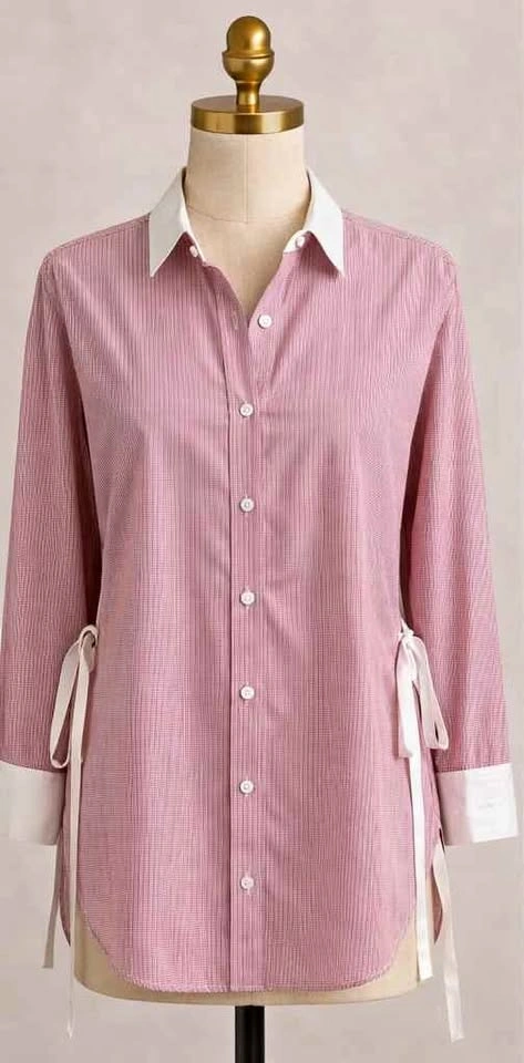 Pink/Red Striped Button-Up Shirt with Side Ribbon -Size 4 or 6