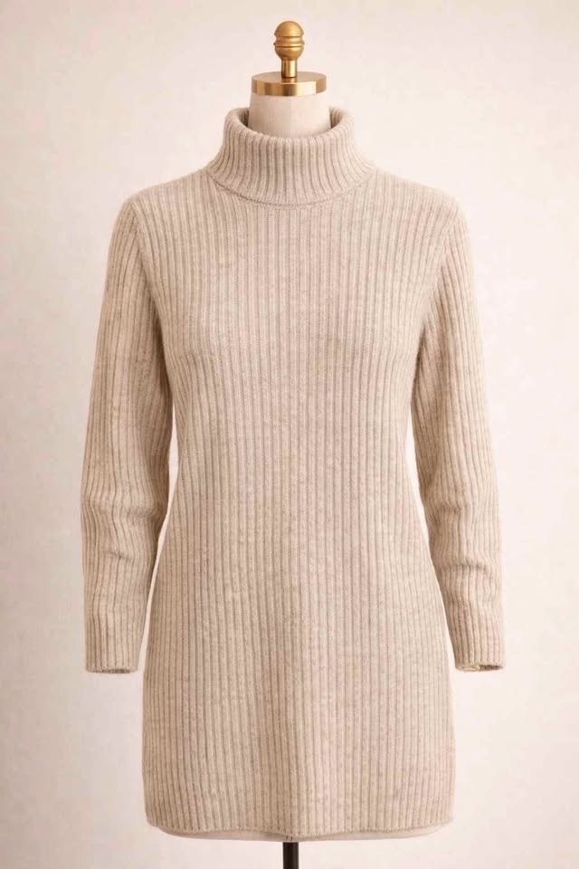 Women's Turtleneck 100% Beige Merino Wool Sweater Dress - M
