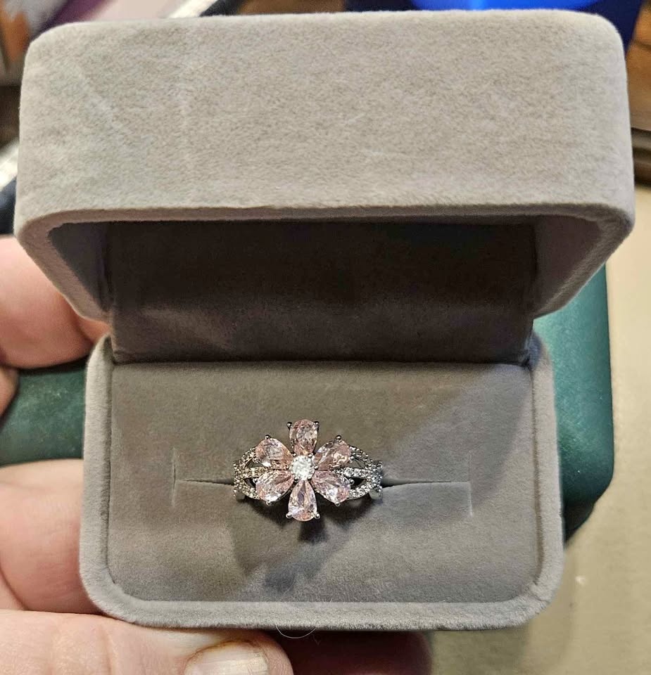 Lady's Ring Size 10 Pink Crystal Flower, Sterling Silver Band