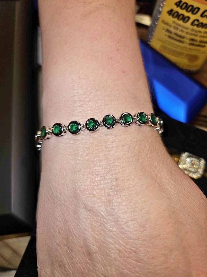 Sterling Silver Tennis Bracelet Green Zircon Stones $80