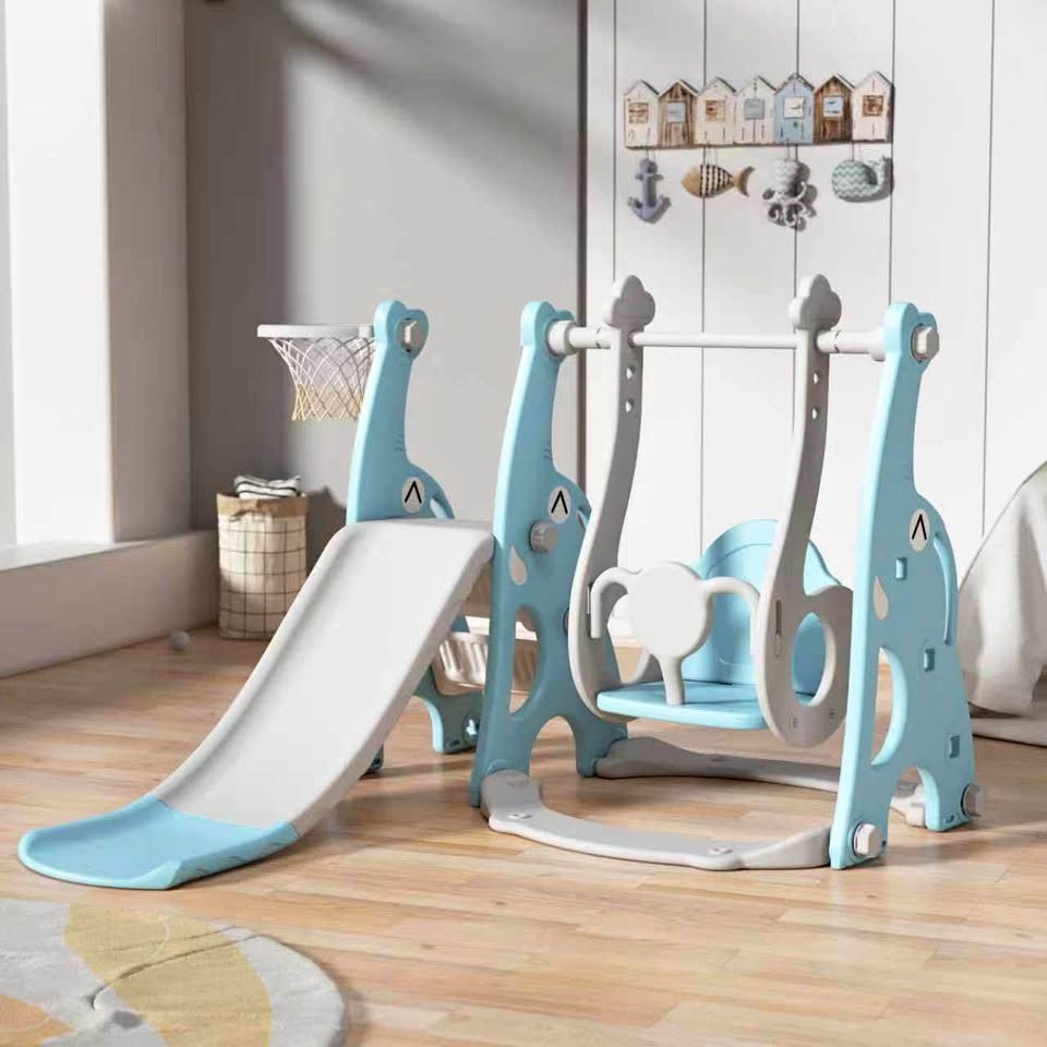 New 3-in-1 Slide and Swing Set with Climber and Basketball Hoop