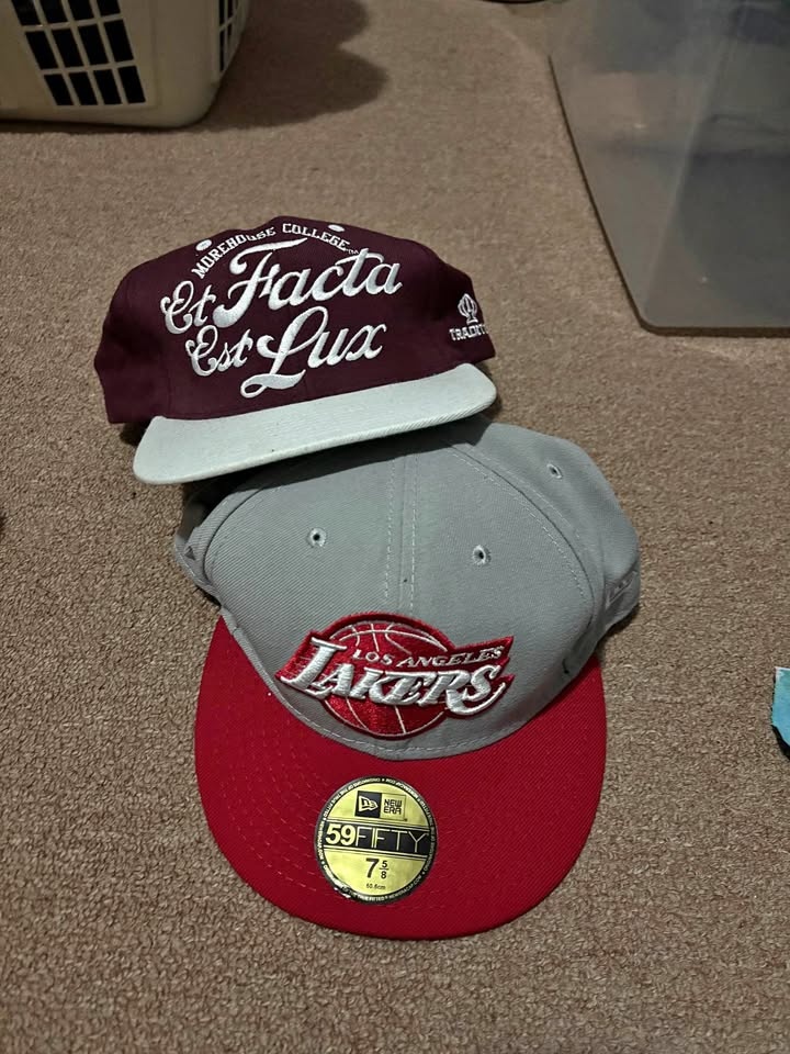 New era Lakers hat and Morehouse College hat