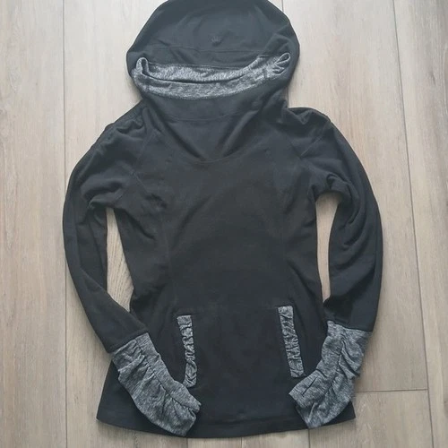 Lululemon Cowl Neck Hoodie Size 4 Black Heather Grey Thumbholes - photo 2