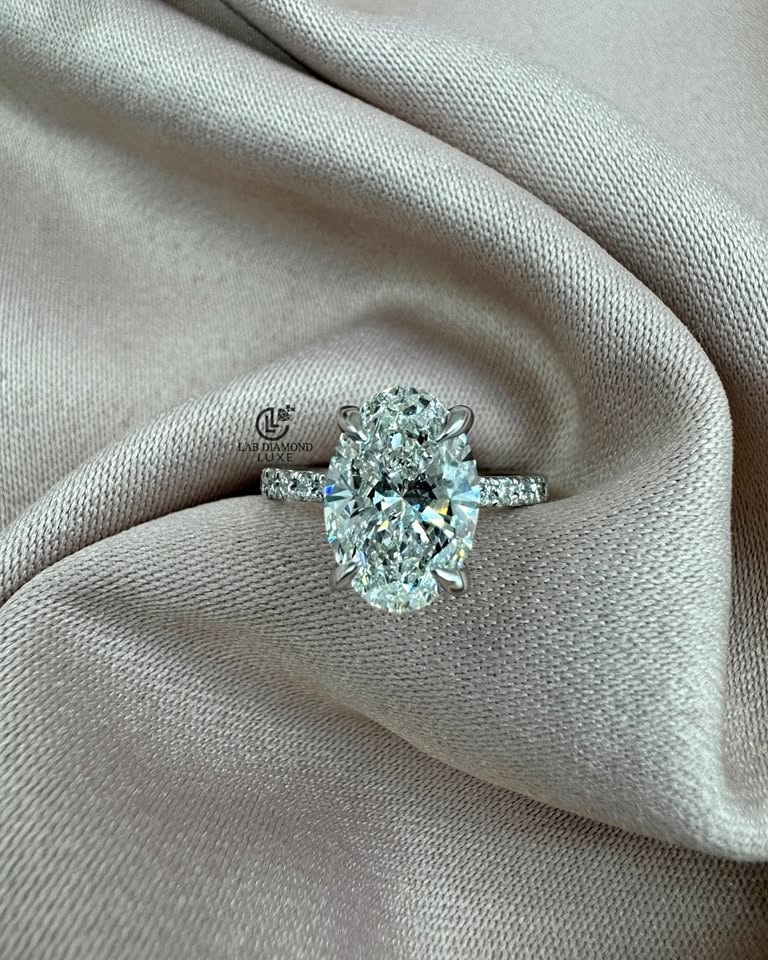 3.00CT Oval Lab Diamond Engagement Ring | 14K White Gold Pave Ba