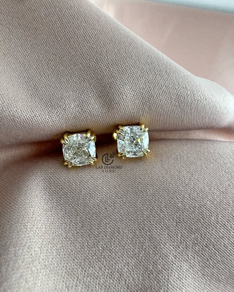 Cushion Cut Lab Grown Diamond Stud Earrings, Yellow Gold
