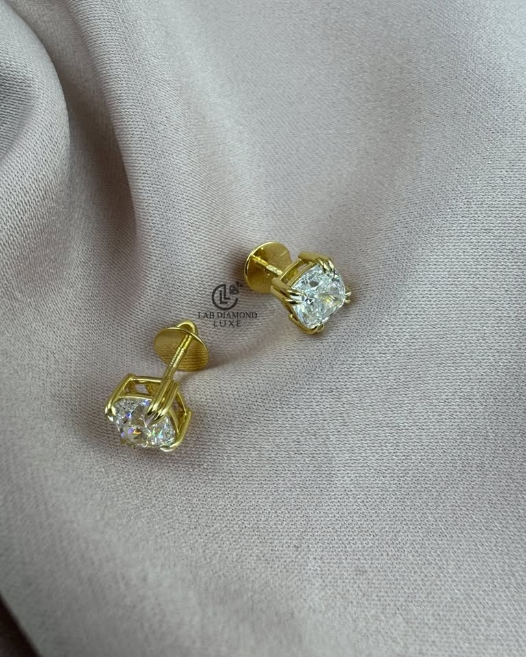 Cushion Cut Lab Grown Diamond Stud Earrings, Yellow Gold - photo 2