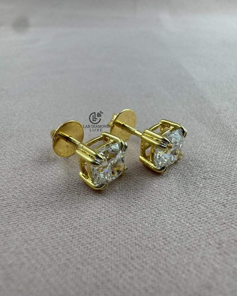 Cushion Cut Lab Grown Diamond Stud Earrings, Yellow Gold - photo 3