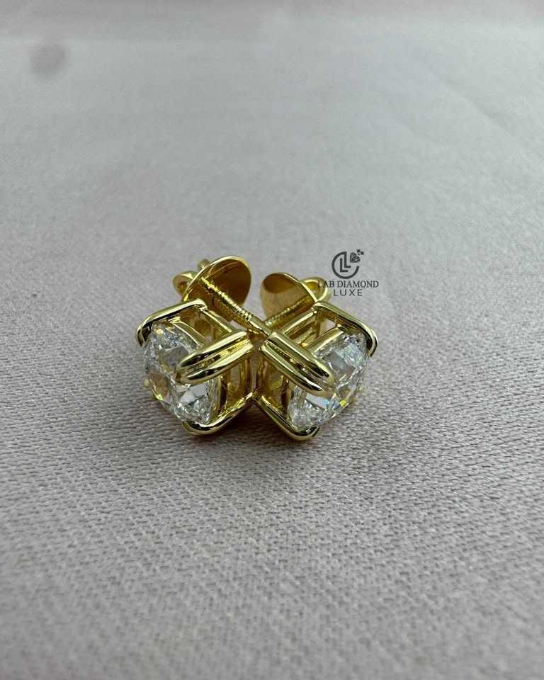 Cushion Cut Lab Grown Diamond Stud Earrings, Yellow Gold - photo 4