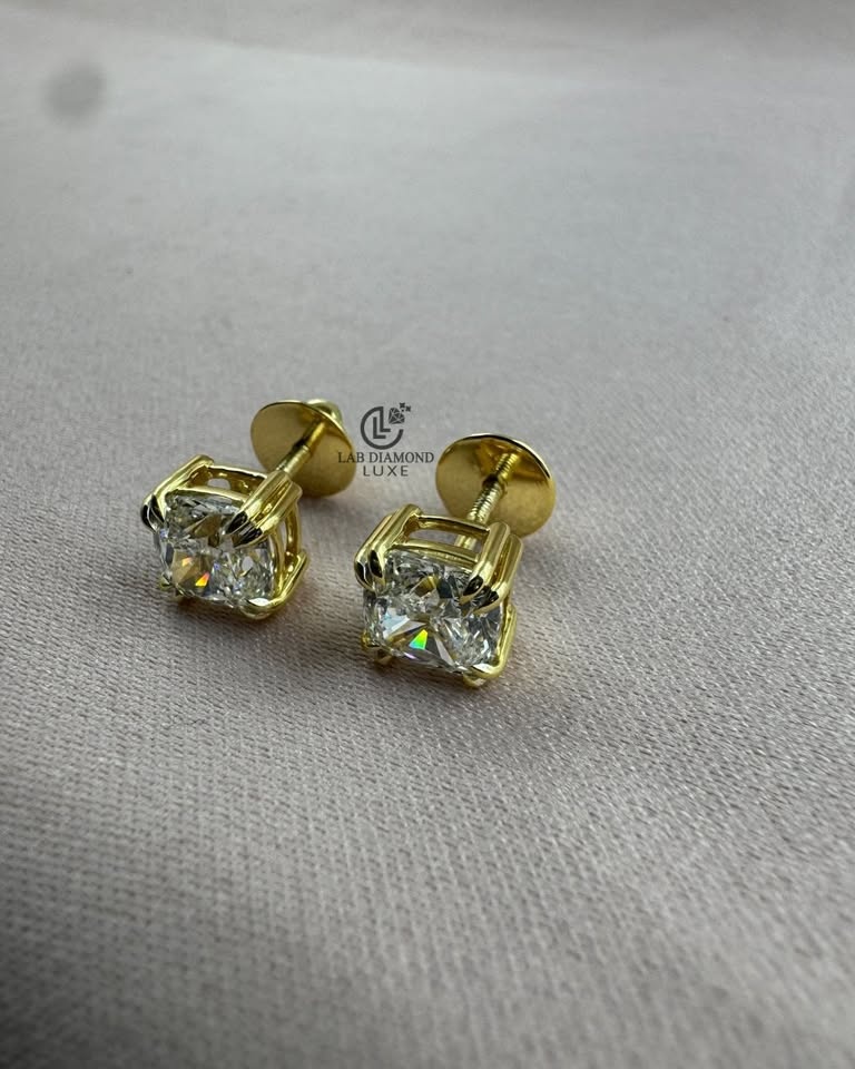 Cushion Cut Lab Grown Diamond Stud Earrings, Yellow Gold - photo 5