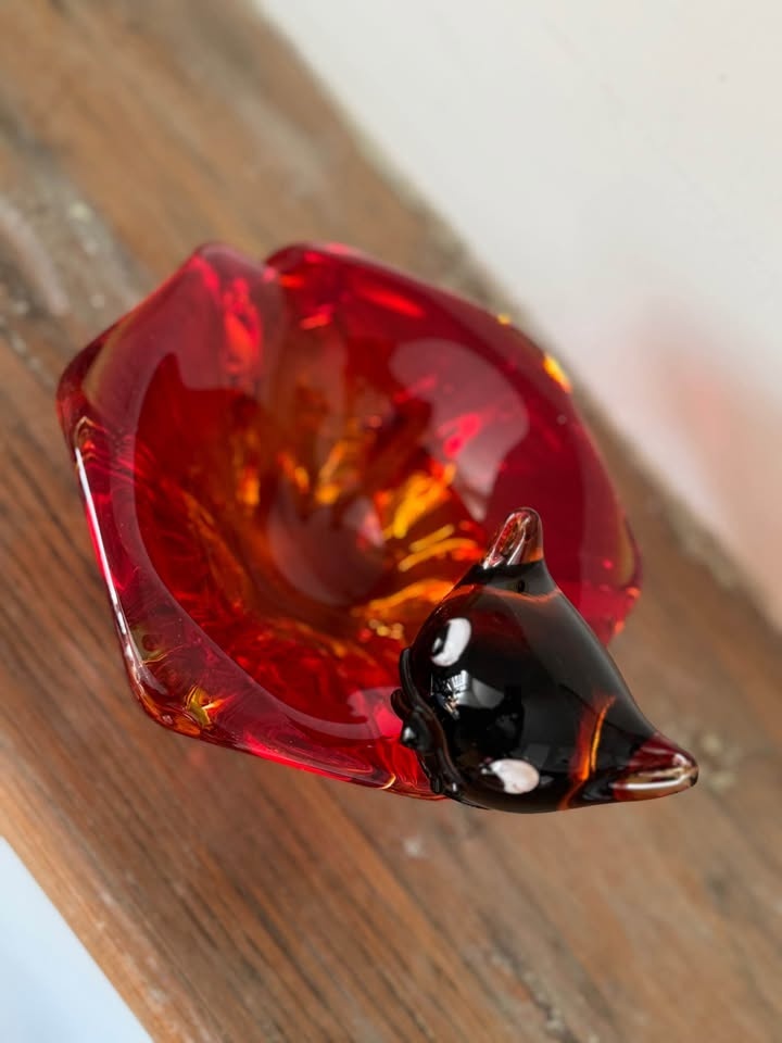 Vintage Mid-Century Art Glass Cat Bowl – Amber & Red Murano Styl - photo 5