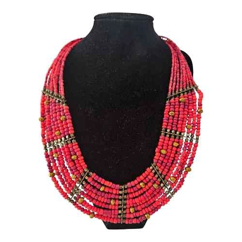 Coral Multi-Strand Statement Boho Tribal Necklace