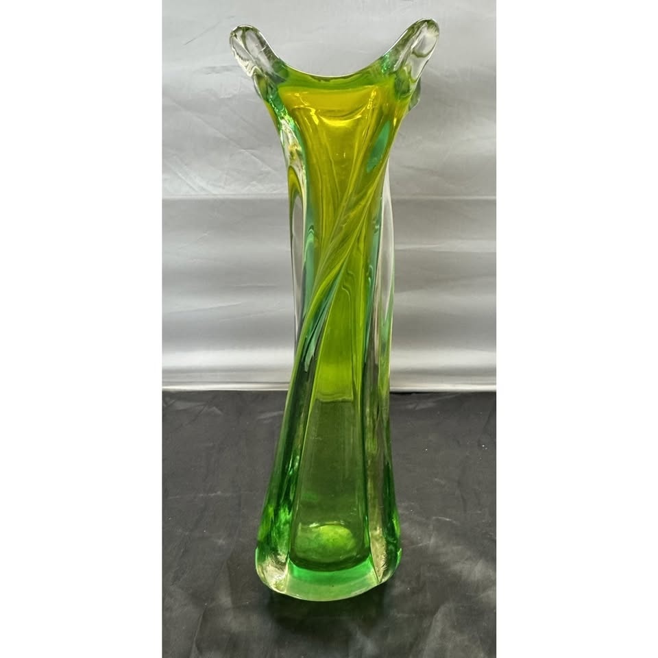 Vtg MCM Green Stretch 4 Finger Swung Art Glass Vase Hand Blown S - photo 5