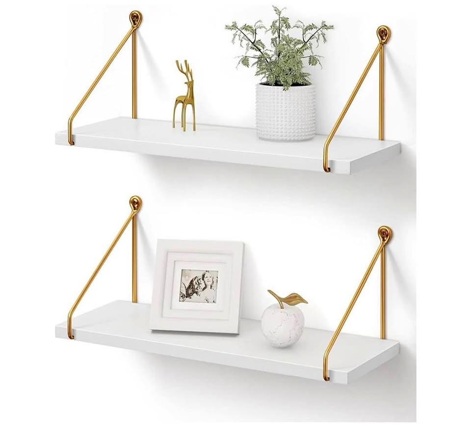 White Floating Shelves Set of 2 with Gold Brackets (Brand New)