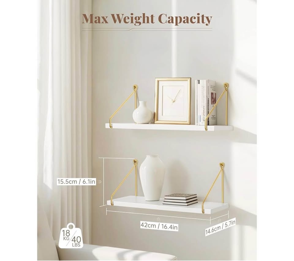 White Floating Shelves Set of 2 with Gold Brackets (Brand New) - photo 2