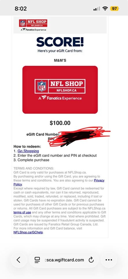 100$ NFL SHOP CA GIFT CARD