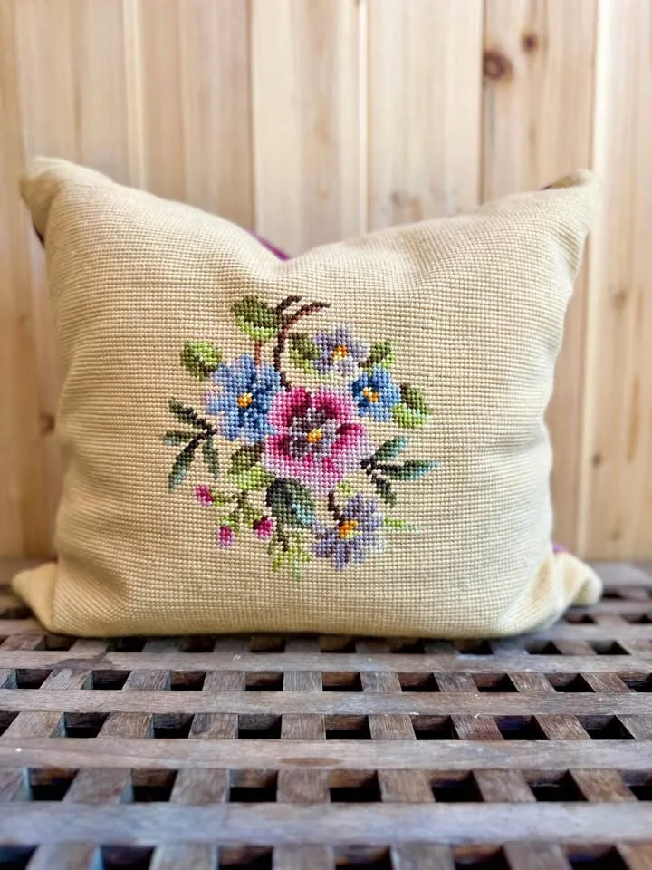 Vintage Floral Embroidered Throw Pillow thumbnail