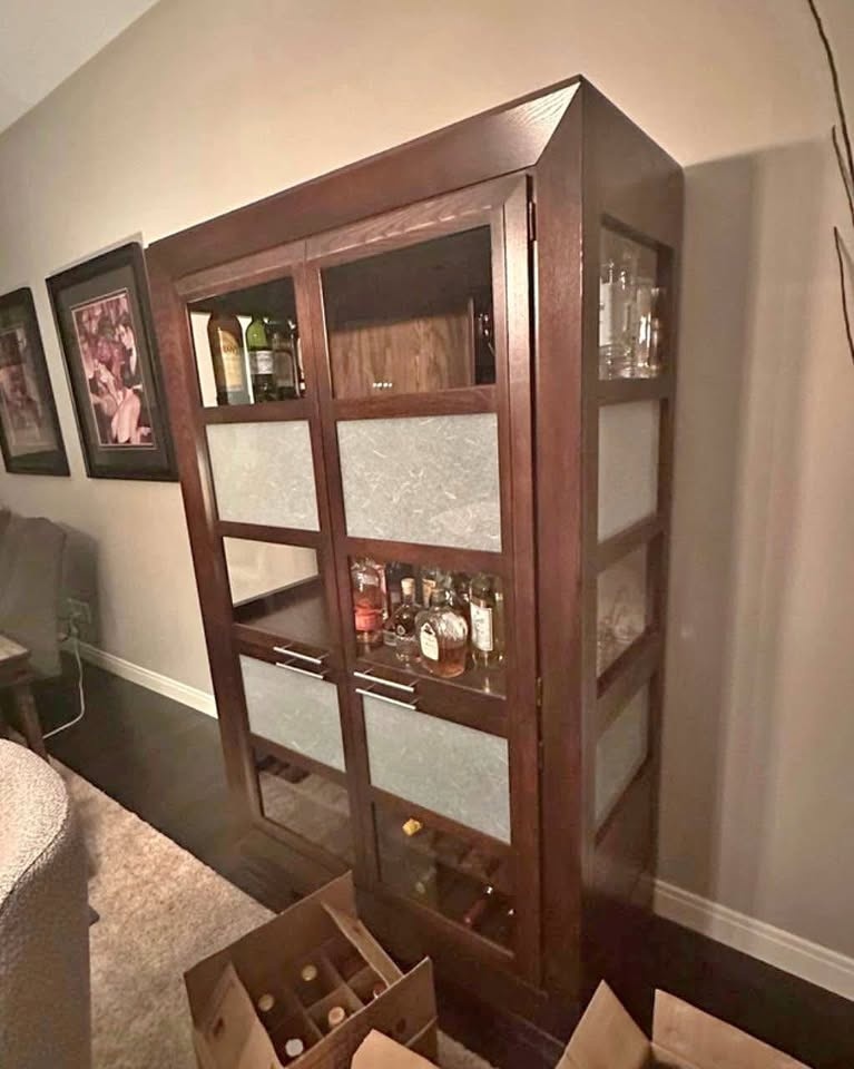 Solid Oak Curio Cabinet with Wine Storage !