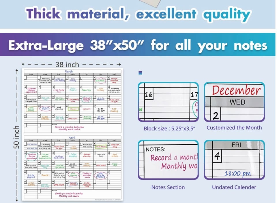 Huge Dry Erase 2 Month Wall Calendar 38x50 + Extras - photo 3