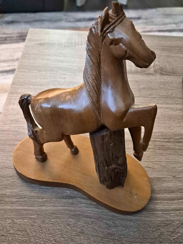 Hand-Carved Wooden Rearing Horse Sculpture on Natural Wood Base