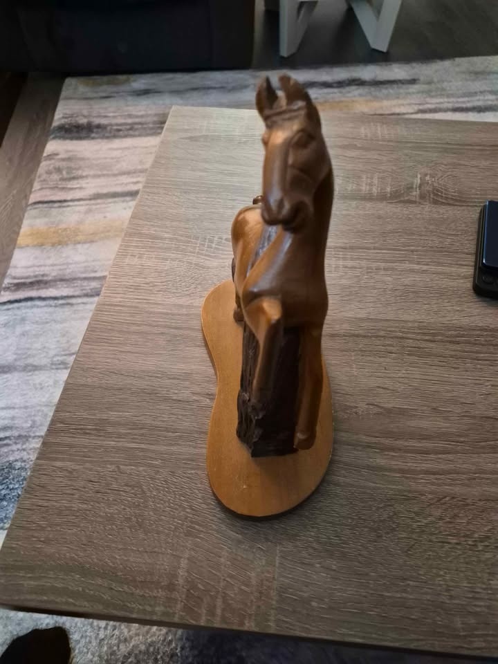 Hand-Carved Wooden Rearing Horse Sculpture on Natural Wood Base - photo 2