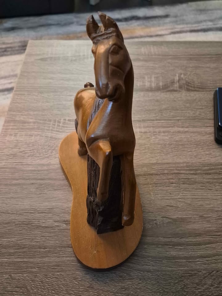 Hand-Carved Wooden Rearing Horse Sculpture on Natural Wood Base - photo 3