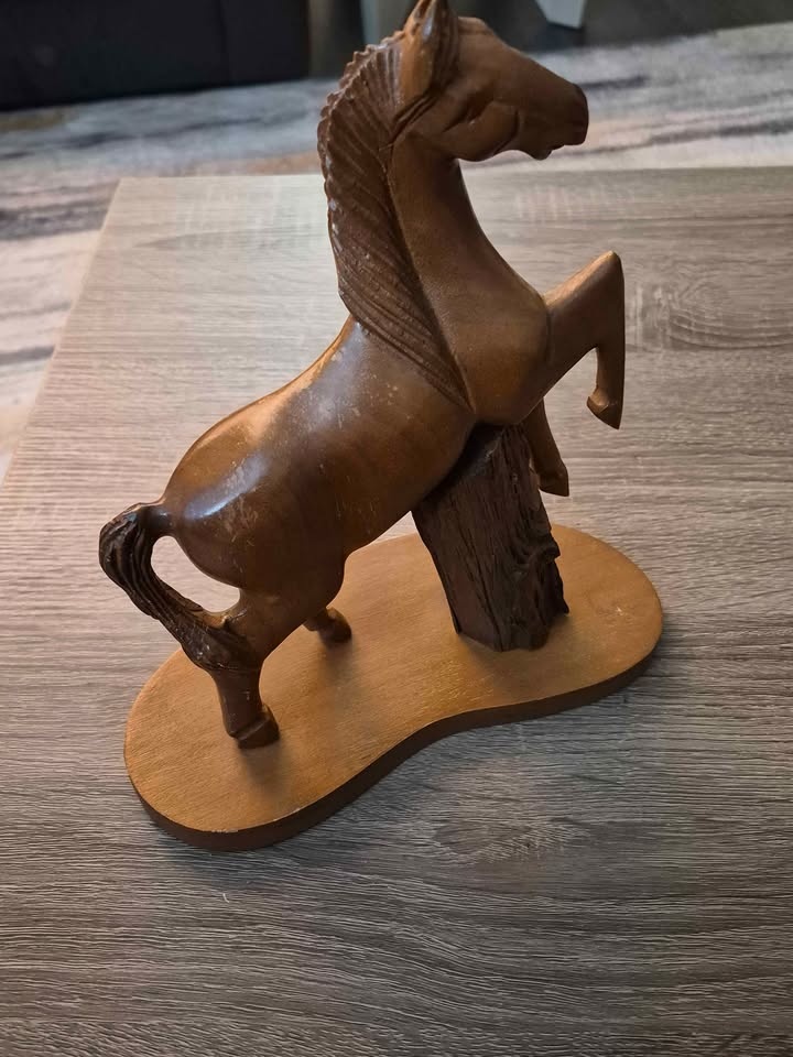 Hand-Carved Wooden Rearing Horse Sculpture on Natural Wood Base - photo 4