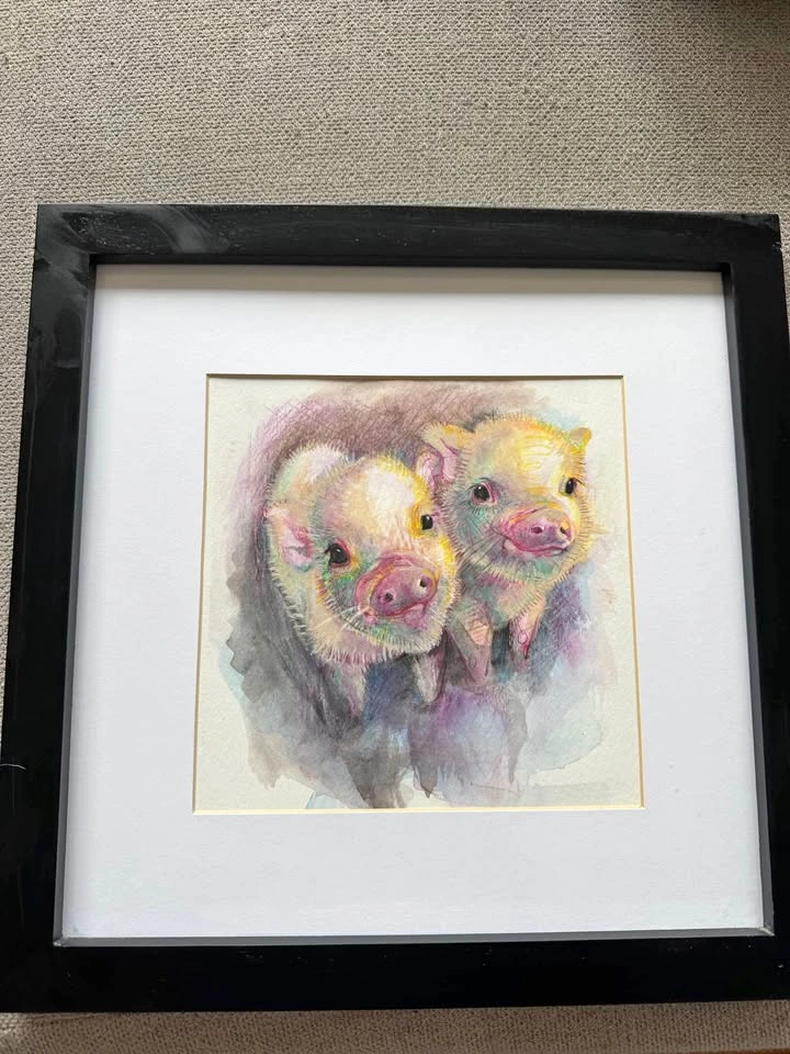 Framed watercolor piggies art