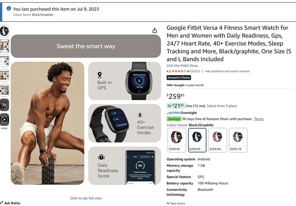 Fitbit Versa 4 Smartwatch Black Graphite (charger stand included - photo 2