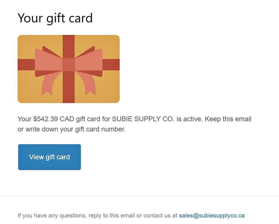 Subie Supply Co Gift Card $542.39 Balance OBO