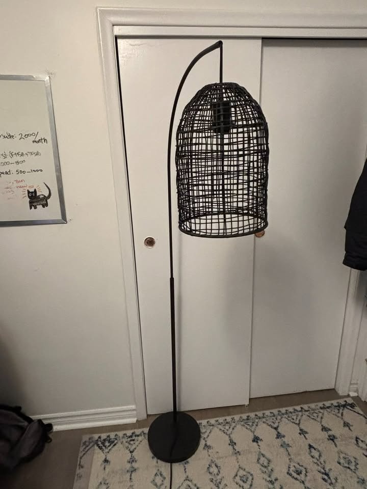 Modern Black Floor Lamp With Woven Shade - photo 2