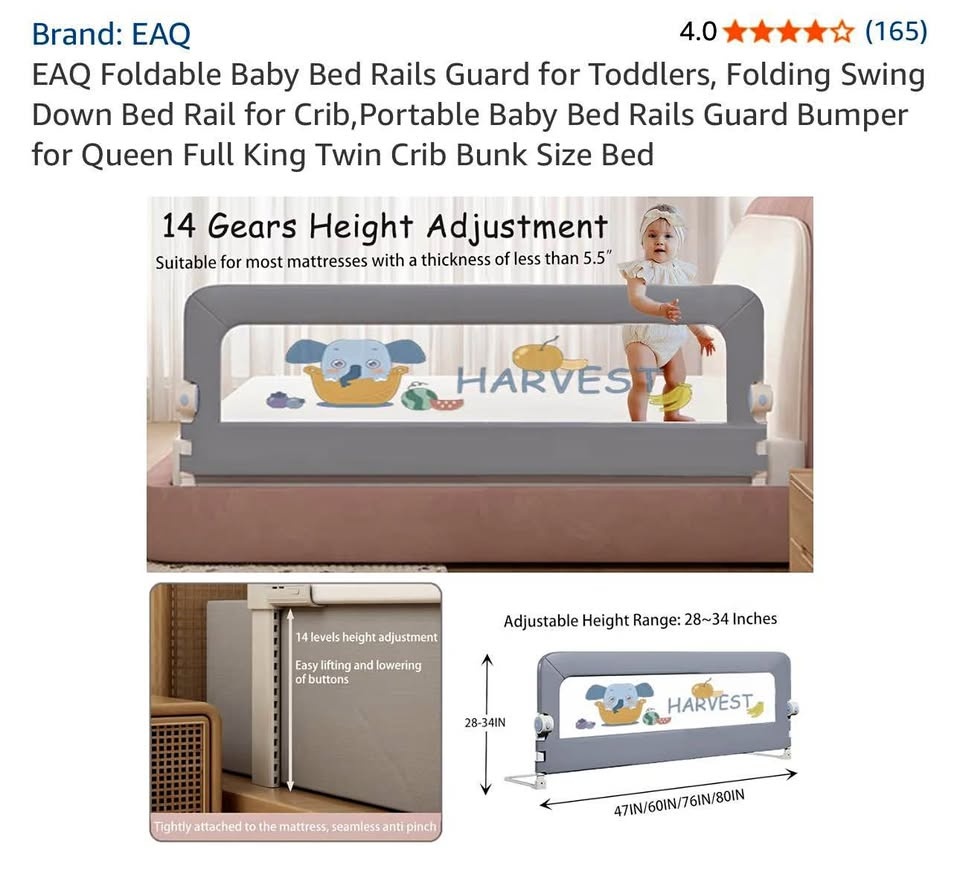 EAQ 47” Foldable Adjustable Baby Bed Rail Guard - New