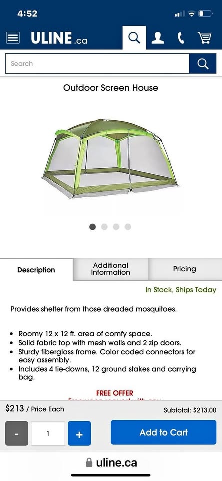 ULINE OUTDOOR SCREEN HOUSE   FOR SALE