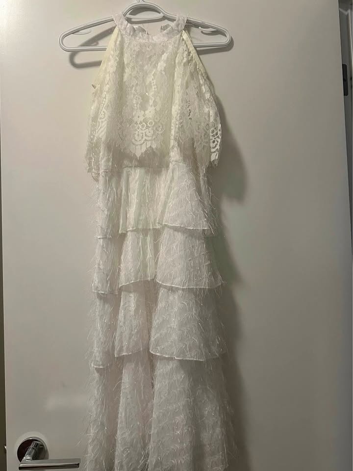 White Lace Tiered Halter Dress