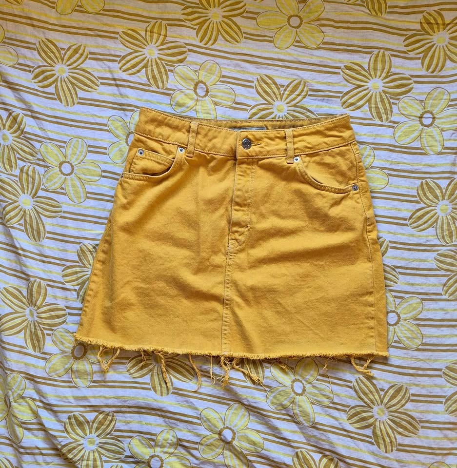 Topshop yellow denim mini skirt with frayed hem