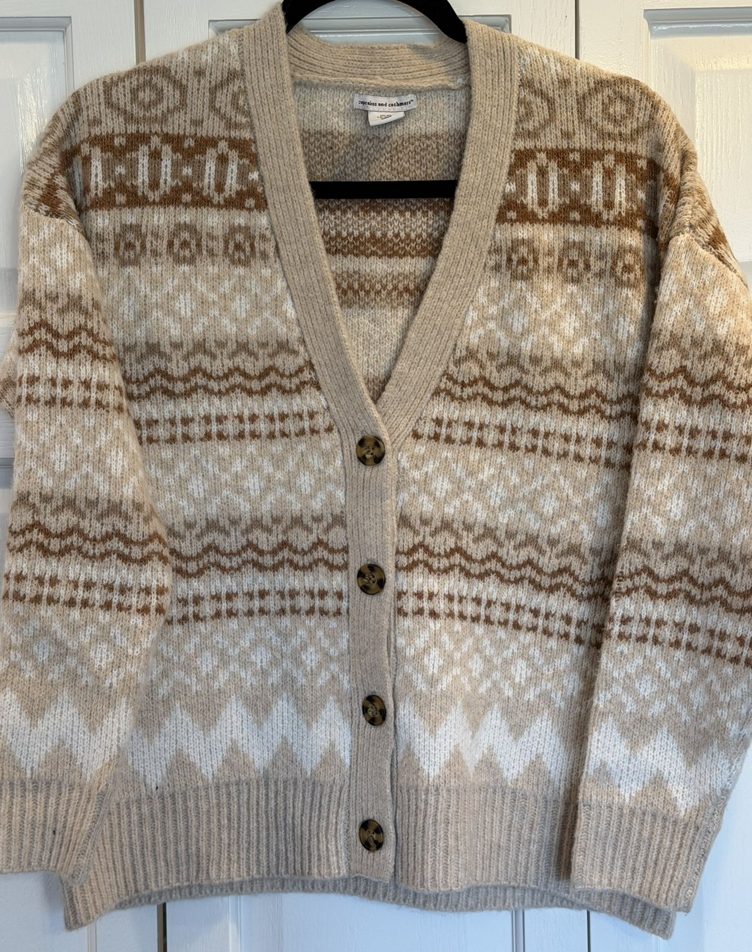 CUPCAKES AND CASHMERE Oatmeal Fair Isle Cardigan Sweater XS $15 - photo 2