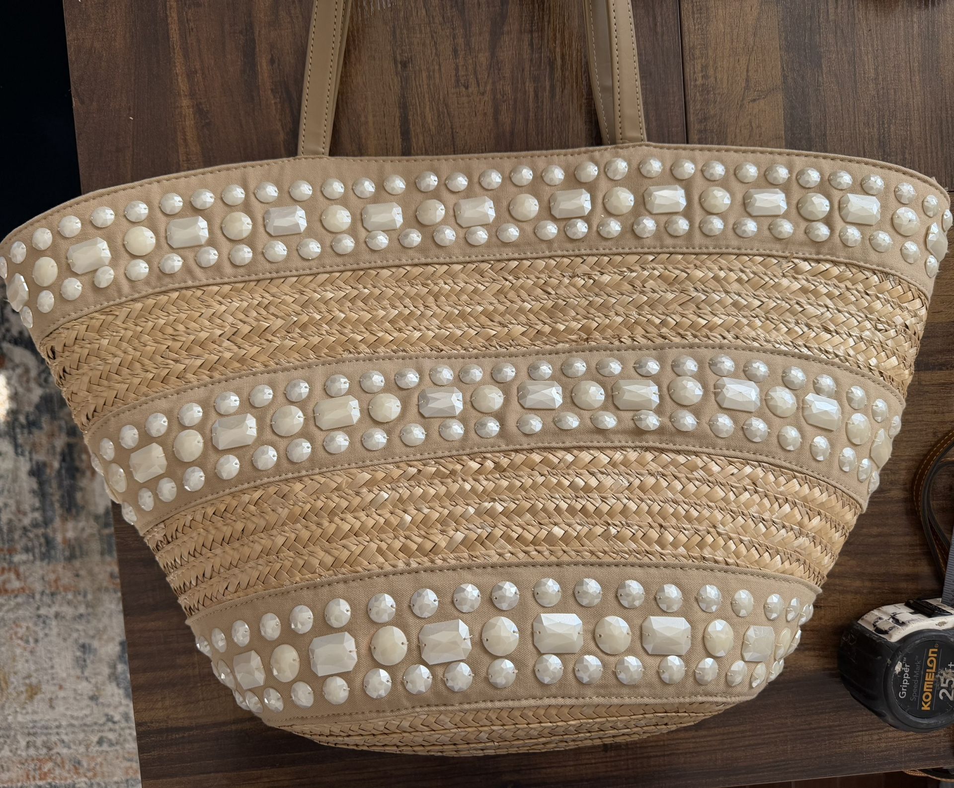 NWOT Woven straw tote bag, Big Buddha, embellished with beads $2