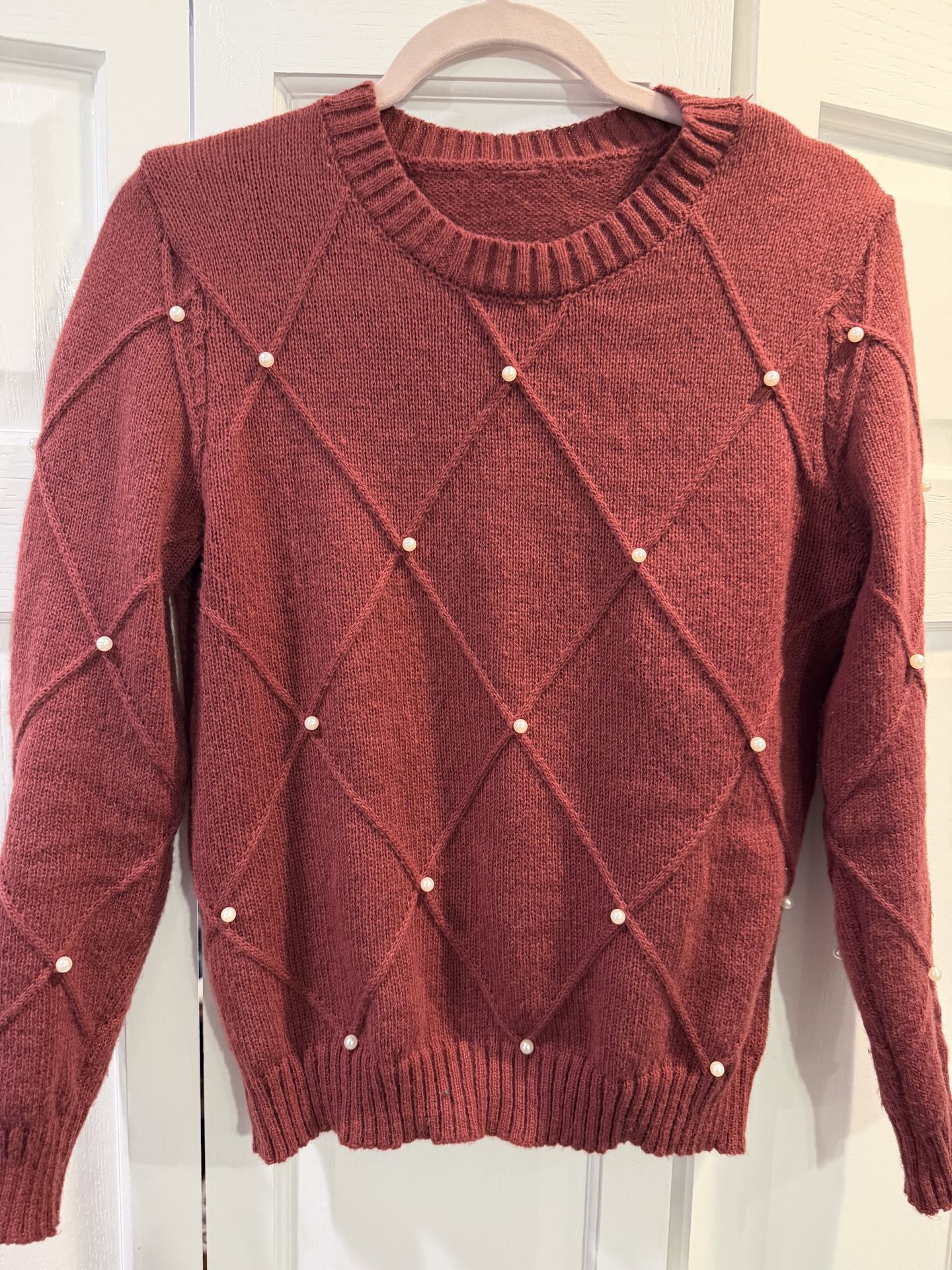 Women's Like New Maroon Sweater with Pearl Embellishment - Size