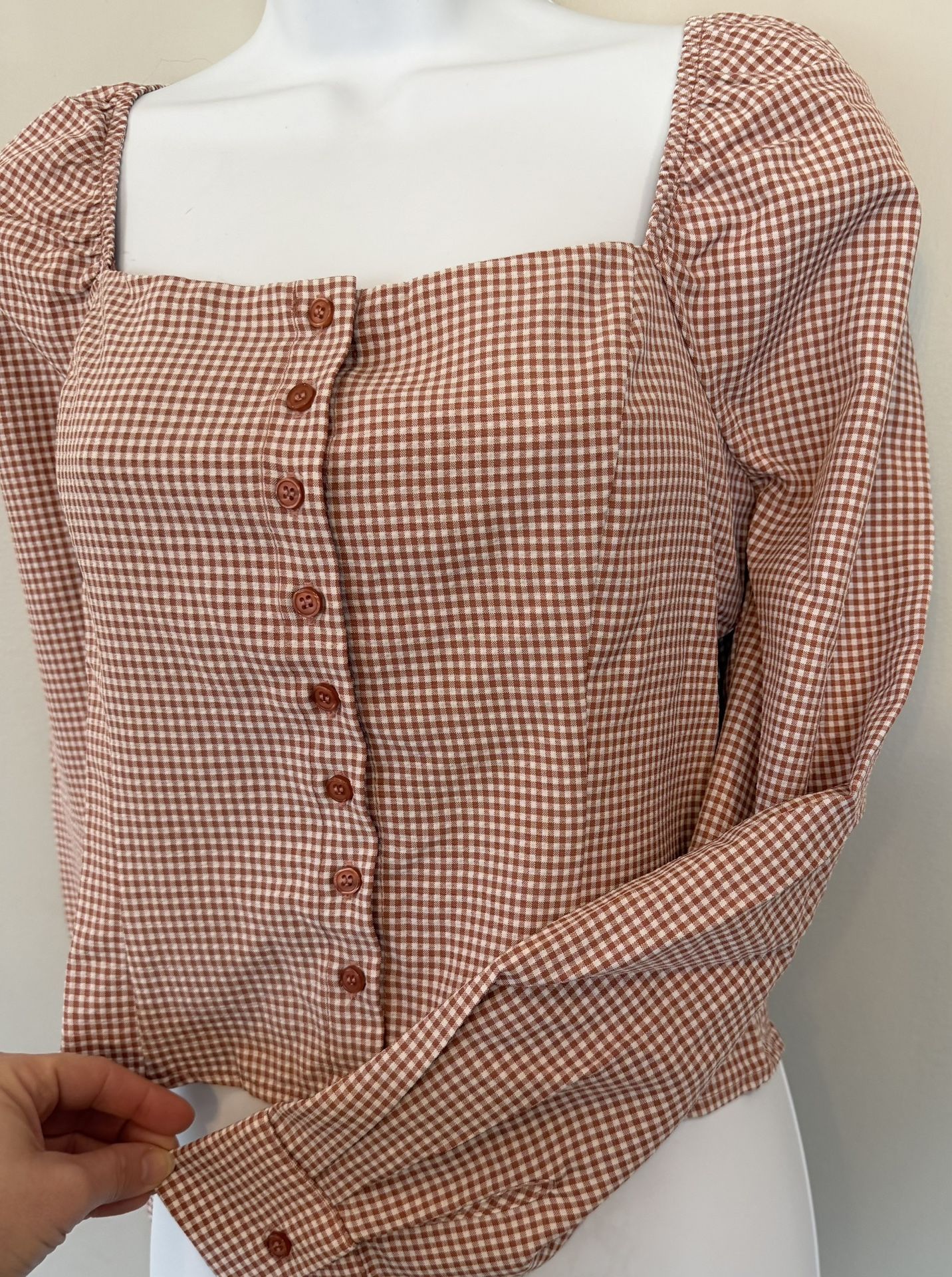NWT Lulus Gingham Seersucker Puff-Sleeve Top - Size S