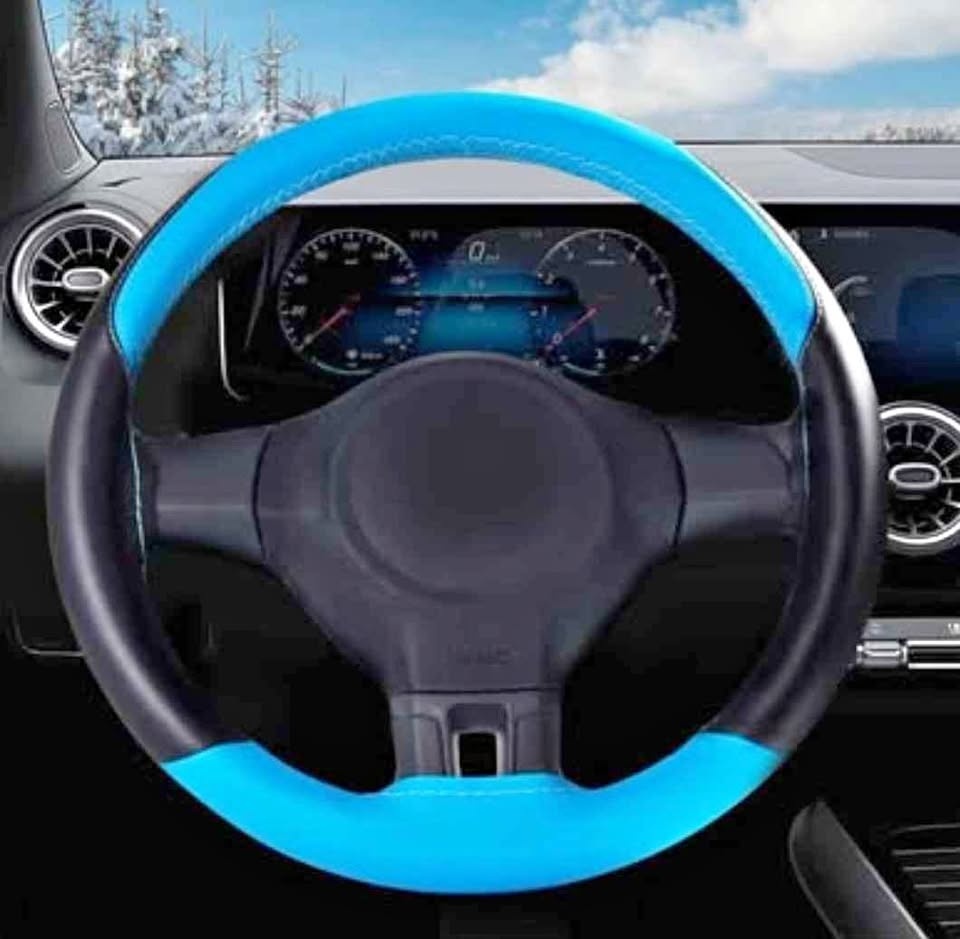 Blue Cover Lace Up Stitch On Leather Steering Wheel Wrap