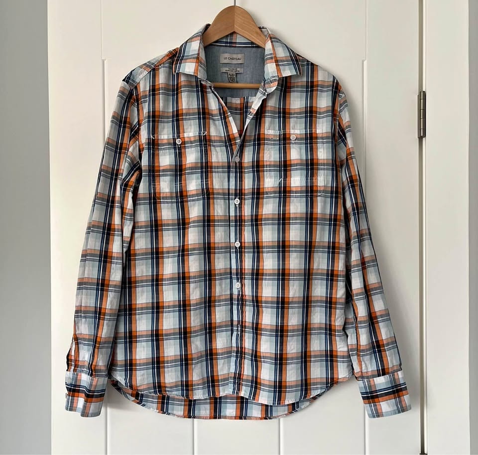 Le Chateau Blue & Orange Button Down Shirt - Size Medium